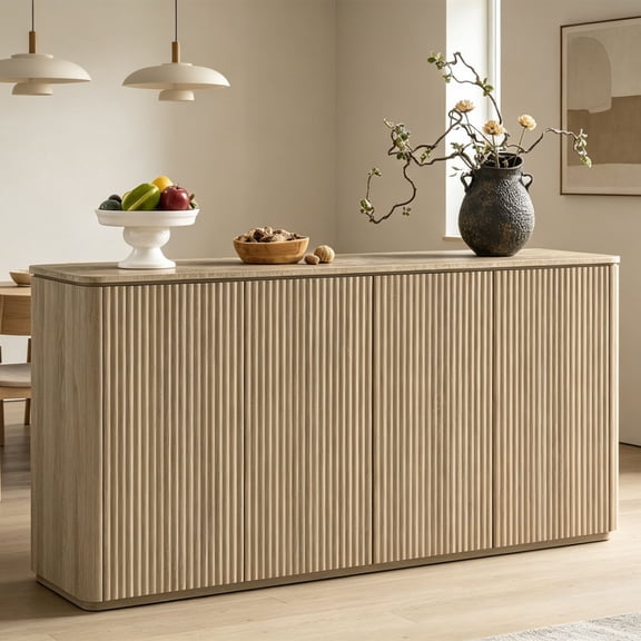 Hvoonc 65.5"W Fluted Sideboard Buffet Cabinet with Storage, Faux Marble Top, 4 Push-to-Open Doors, Modern Credenza Cabinet for Dining Room, Kitchen, Living Room, Natural Oak
