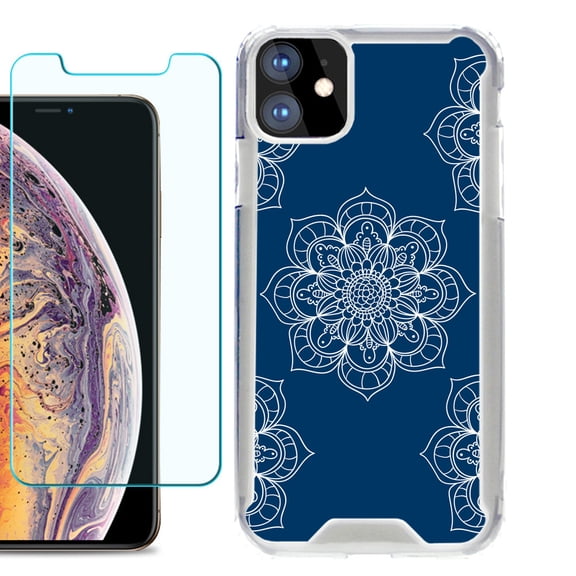 For Apple iPhone 11 Case, Hybrid Bumper Phone Case, with Tempered Glass Screen Protector, by OneToughShield ® - Mandala / Blue