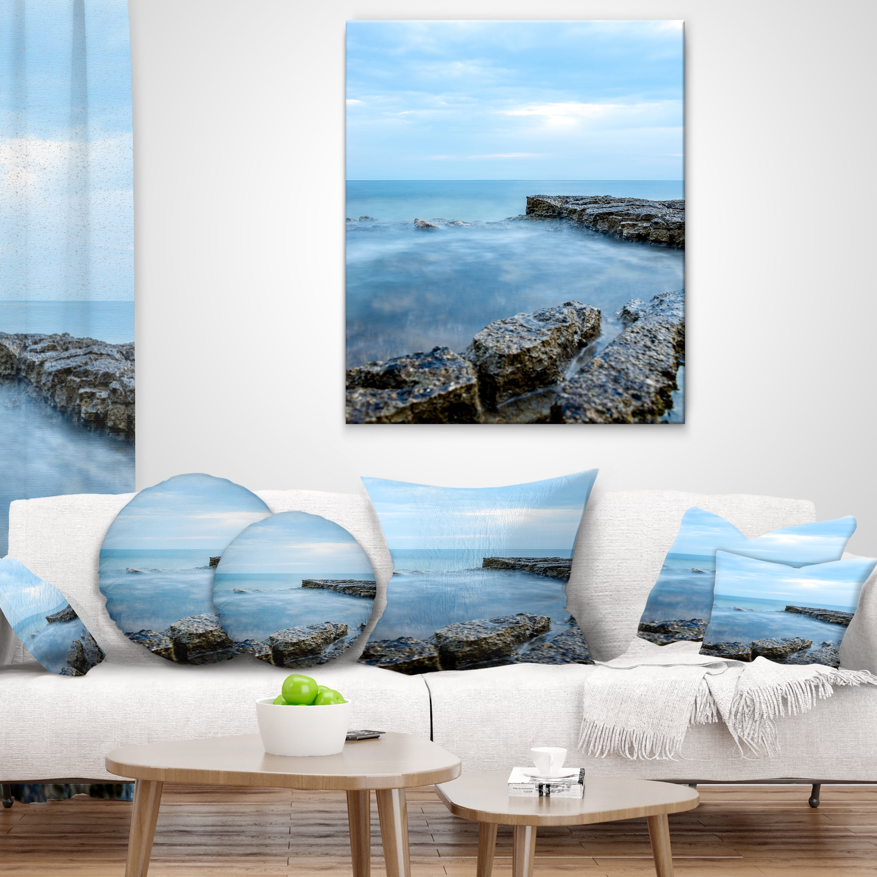 Designart Blue Rocky Seashore - Beach Photography Throw Pillow - 12x20