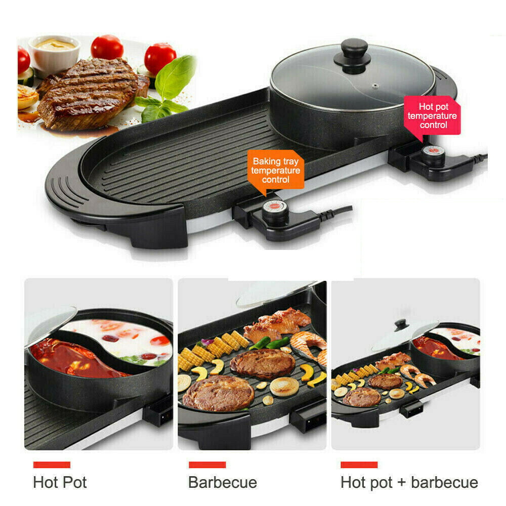 UK Plug Adjustable Temperature Barbecue Hot Pot One Pot Suitable for 5-6 People 1-2L Capacity 1200W Multifunctional BBQ Hot Pot Double Pot Electric Grill and Hot Pot 2 in 1 Hot Pot and BBQ Grill 