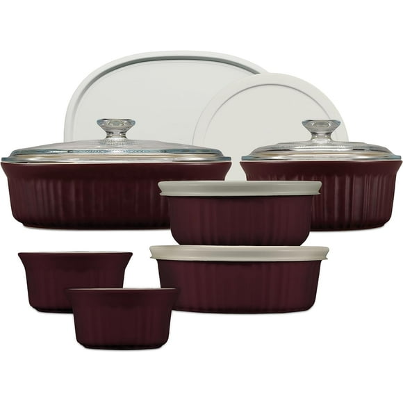 CorningWare Ceramic Bakeware Set with Lids, Chip and Crack Resistant Stoneware Baking Dish, Microwave, Dishwasher, Oven, Freezer and Fridge Safe, 12-Piece French Cabernet