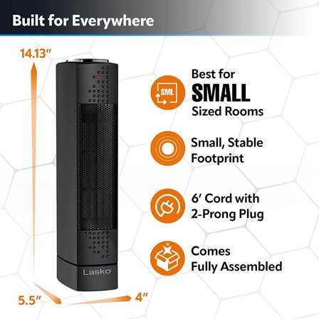 Oscillating Ceramic Slim Tower Desktop Space  for Home with Thermostat and 2 Speeds, 14 Inches, Black, 1500W, CT14101