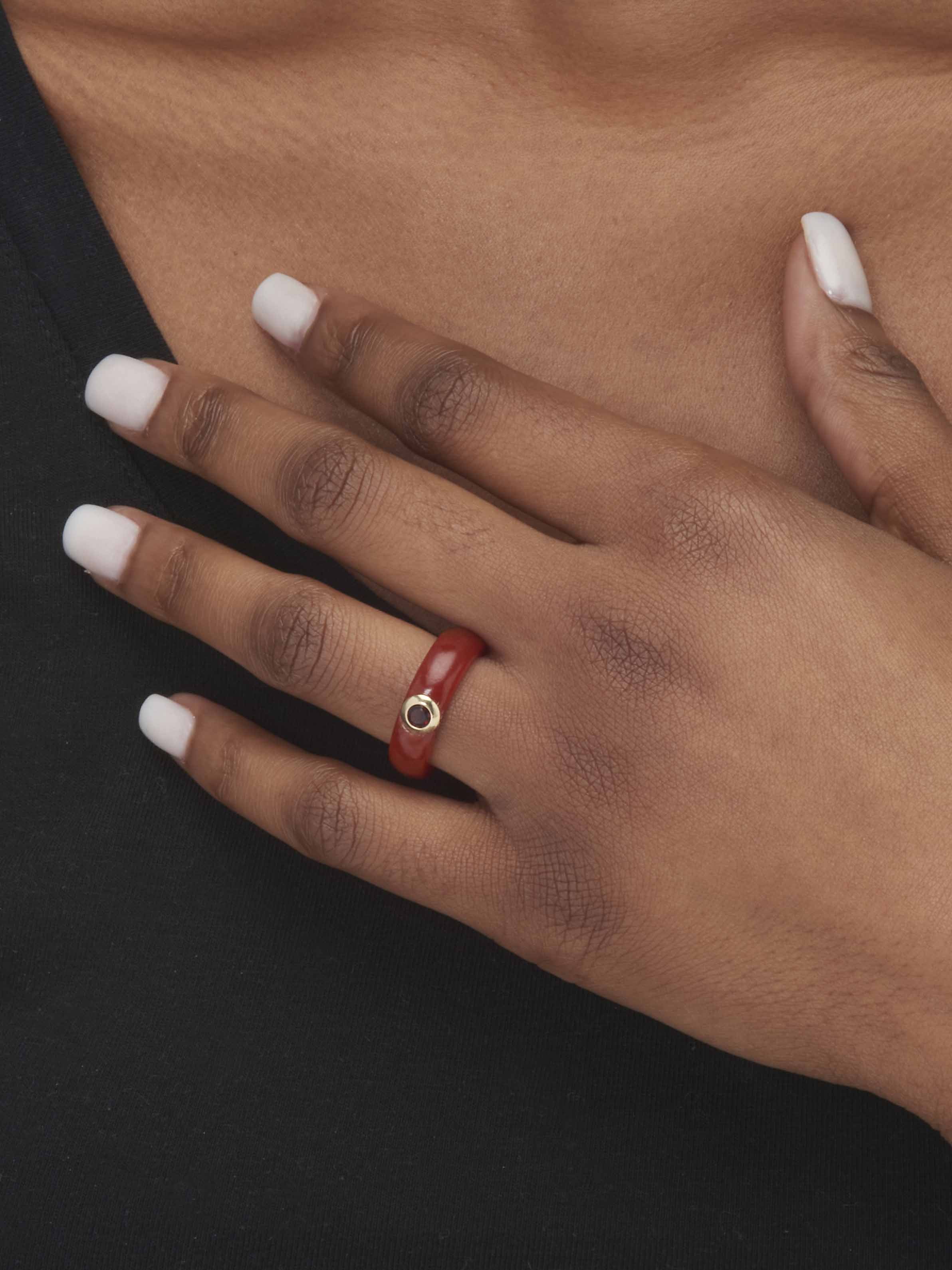 PalmBeach Jewelry Genuine Black or Red or Green Jade with White Topaz or Red Garnet or Green Peridot Accen 10k Yellow Gold Band Ring