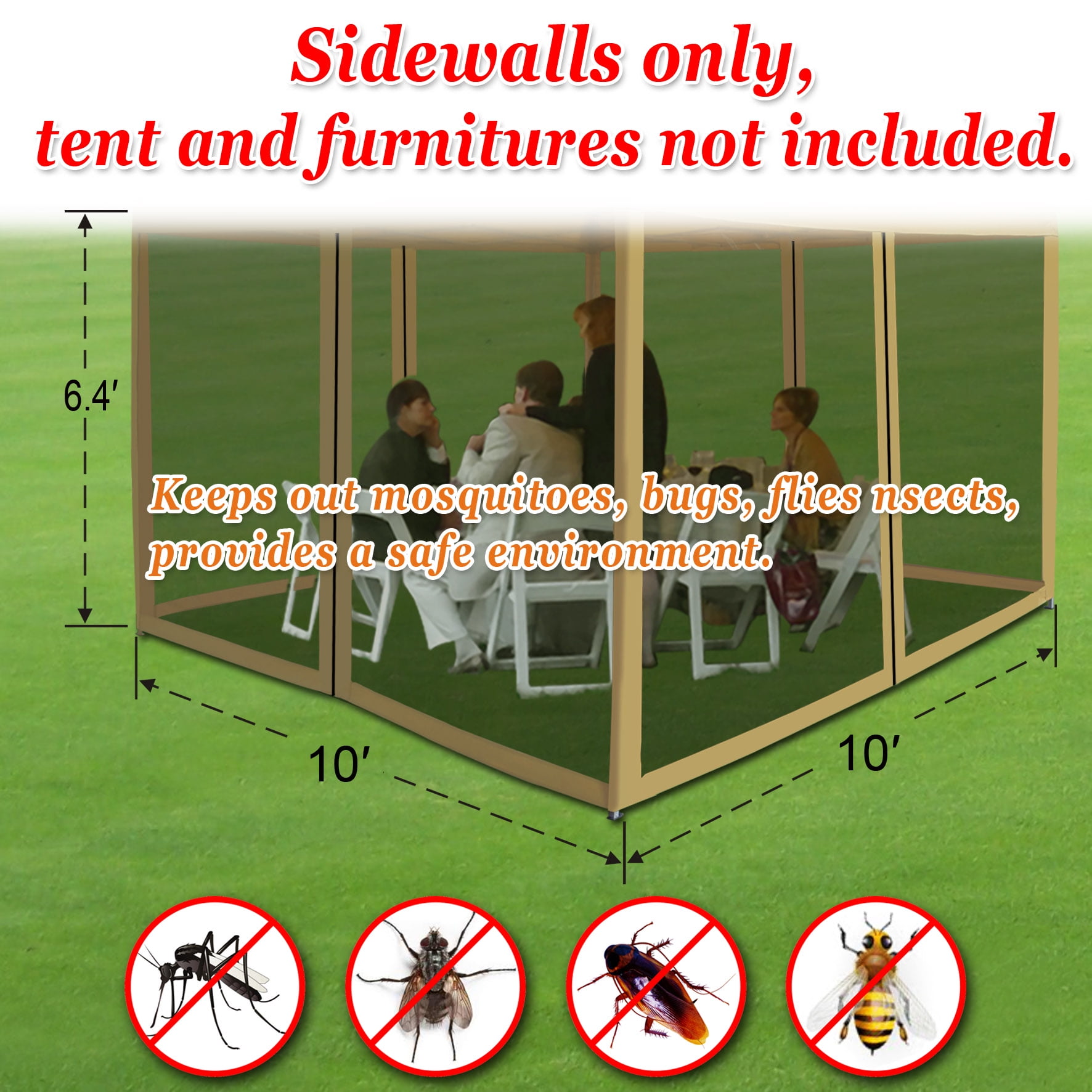 Sunny Canopies Sidewalls 10' L X 6.4' W Mesh Wall for Pop Up Canopy Screen Room, Pack of 4 (Walls Only)