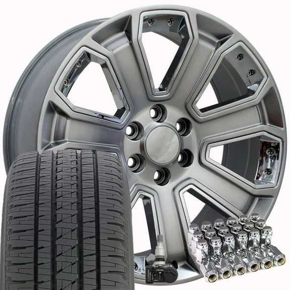 OE Wheels CV93 20 Inch Rims and Tires Fit Silverado 1500 Style 6x139.7 20x8.5 Gloss Hyper Black with Chrome Insert - Hollander 5660 - Dueler H/L Alenza 275/55-20 (Set of 4)