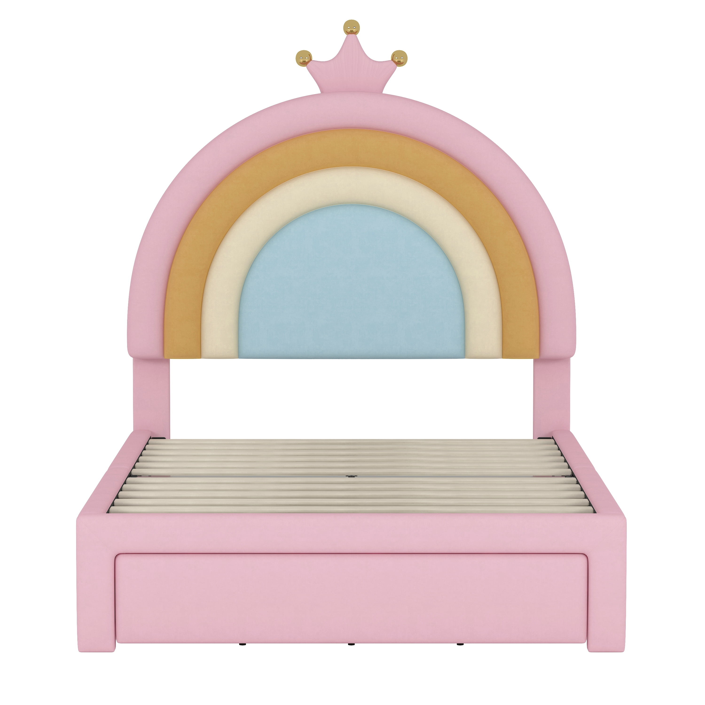 MODERNLUXE Twin Size Platform Bed Frame,Velvet Upholstered Rainbow Bed Frame with 2 Storage Drawers and Wooden Slats Support,No Box Spring Needed,Easy Assembly,Pink