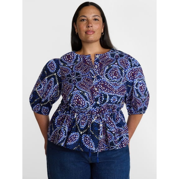 Terra & Sky Women's Plus Cinch Waist Cotton Blouse with Elbow Length Puff Sleeves, Sizes 0X-5X