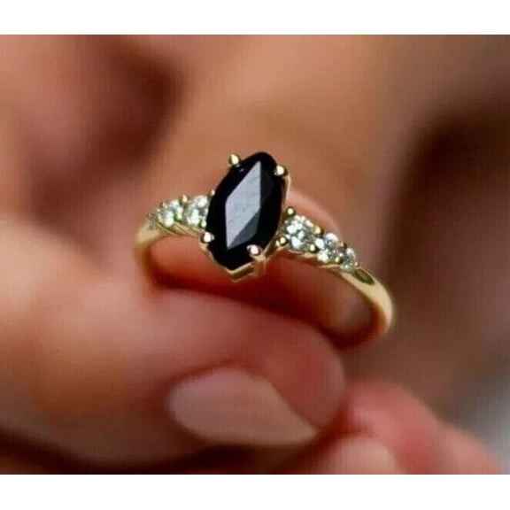 1.50Ct Marquise Cut Simulated Black Diamond Wedding Ring 14K Yellow Gold Plated