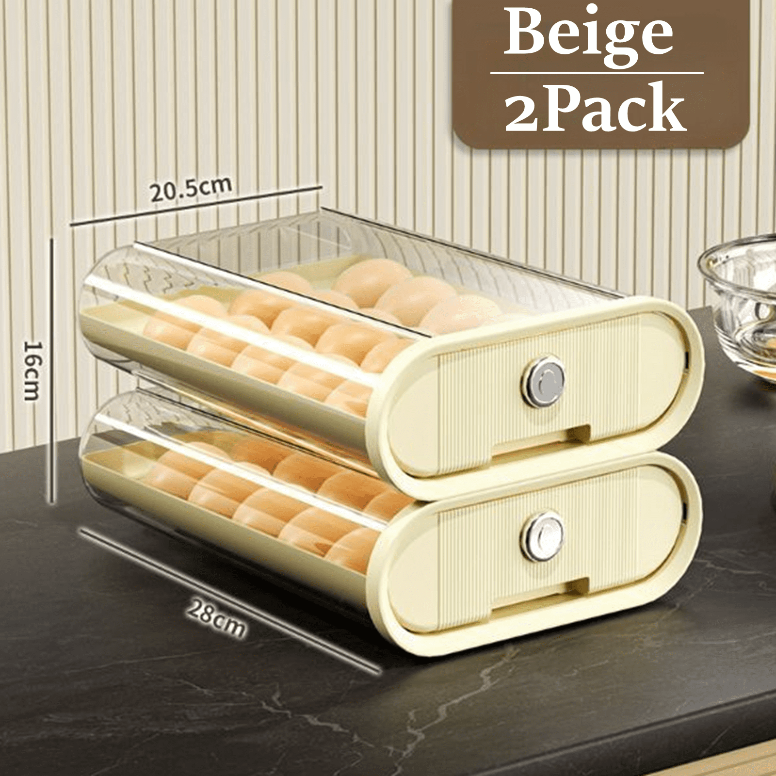 Bxaolu Egg Storage for Refrigerator, Egg Holder for Kitchen Countertop, Plastic Egg Container for Fridge, Egg Dispenser for 18 Eggs (2Pack, Beige)
