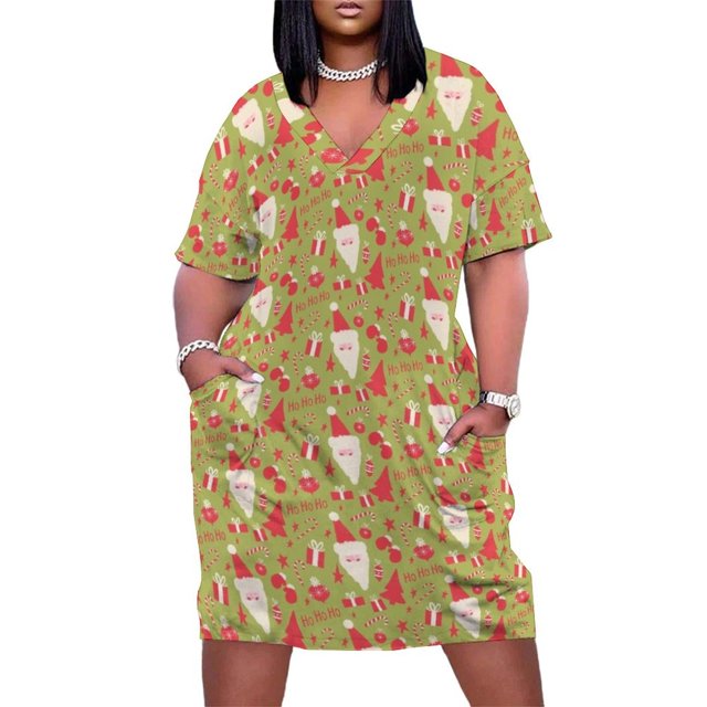 Vestido largo con bolsillos para mujer traje holgado con estampado de Papá Noel rojo y blanco color verde