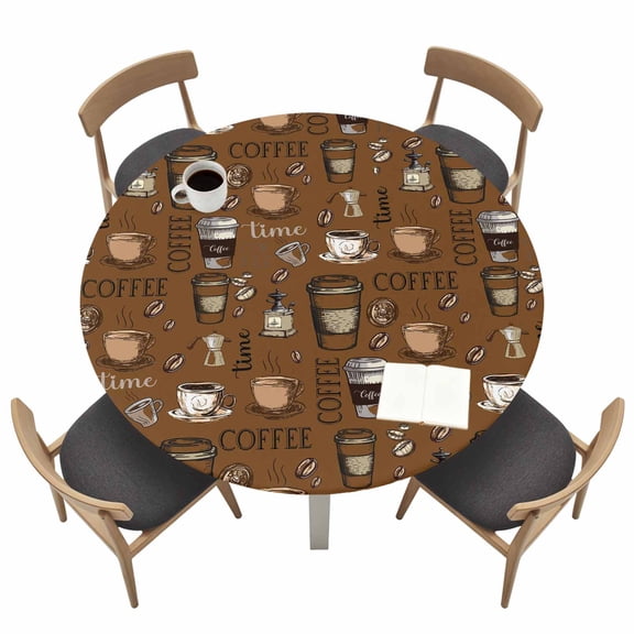 Coffee Theme Fitted Tablecloth with Elastic Edged, Round Table Cloth for Dining Table, Funny Brown Vintage Beans Latte Tea Cup Waterproof Oil Proof Table Cover for Indoor Outdoor 36"-44"