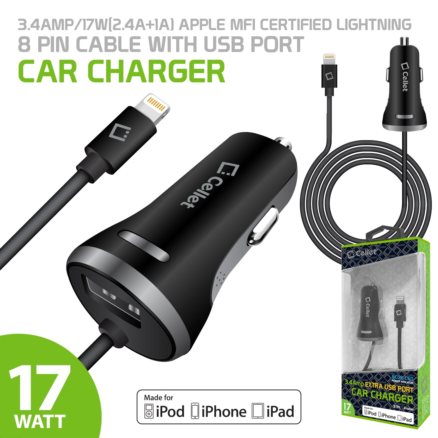Touch LED MicroUSB Light Car Charger Works for Nokia 3.4 with Quick 2.1A and Extra USB Port! 