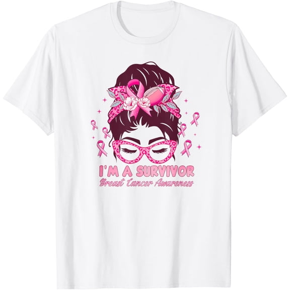 t-shirt Am a Survivor Mussy Bun Women Girls Breast Cancer Awareness T-Shirt mens, woman, white,funny,journey,Crew Neck, Short Sleeve,printing