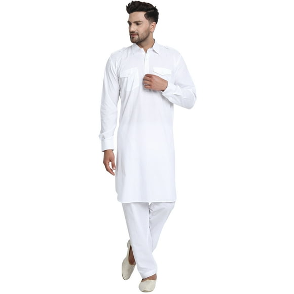 SKAVIJ Men's Kurta Pajama Set Pathani Style Indian Casual Dress White M