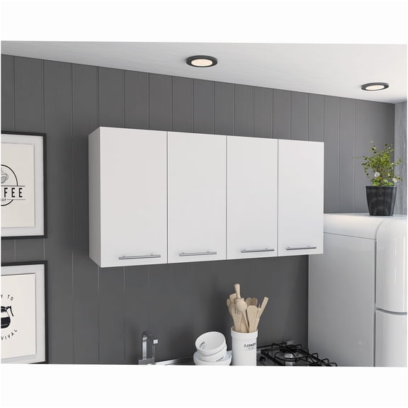 JERFIT White Modern 4-Door Wall Cabinet with Dish Rack, Double Storage Cabinet with Shelves for Kitchen, Bathroom, Entryway