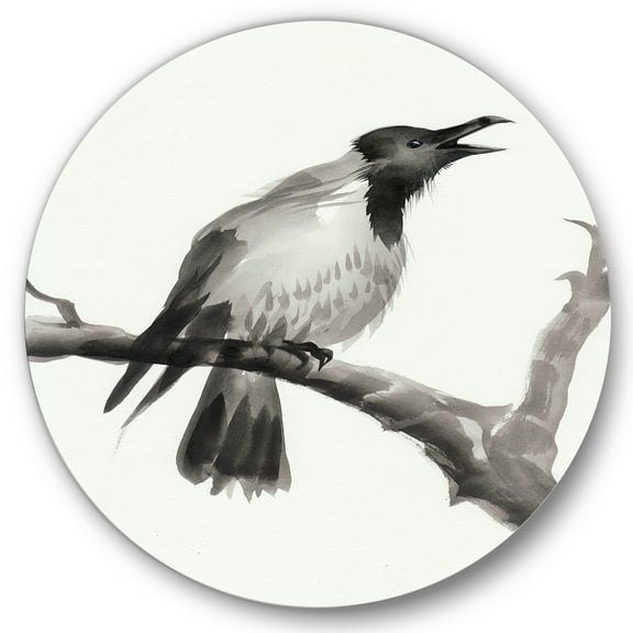Designart 'Monochrome Crying Crow On A Branch' Traditional Circle Metal Wall Art 36x36 - Disc of 36