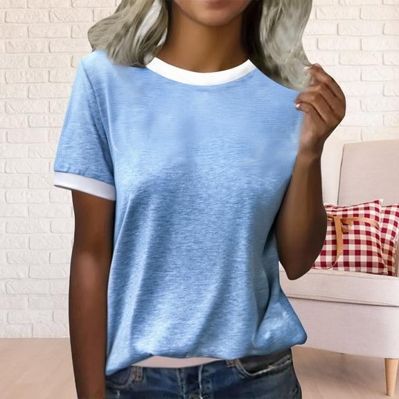 Blue Women's Short Sleeve T-shirt, Women'S Spring Round Neck Color Blocked Loose Casual Short Sleeve T Shirt,Women's Short sleeve T-shirt M