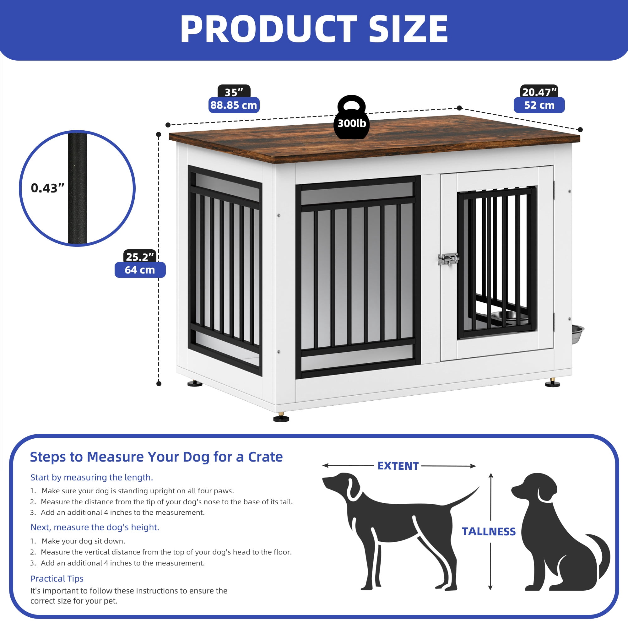 ModFusion 35-Inch Single-Door Dog Kennel with Feeding Bowls, Wooden Furniture-Style Pet Crate for Small to Medium Dogs, White & Black