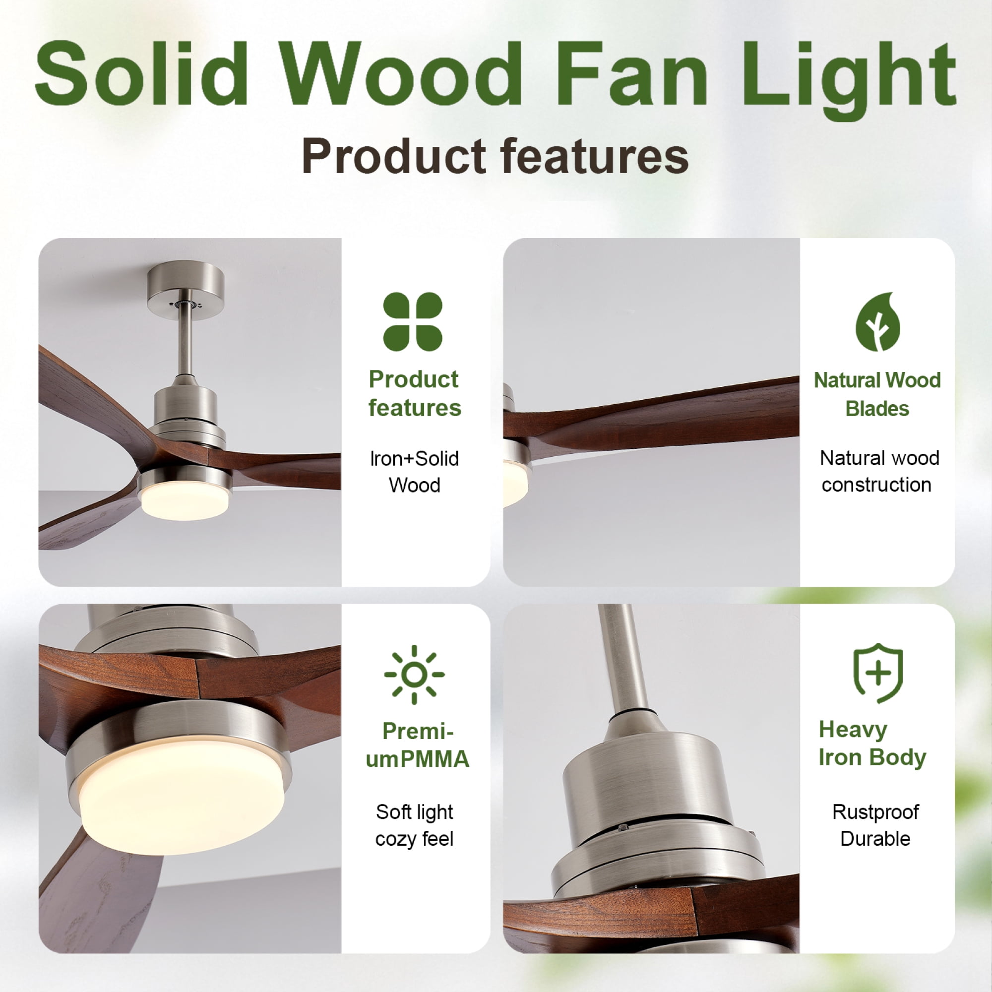 Leumius 52" Wooden Ceiling Fans with Lighted Remote Control, Indoor Outdoor Wooden Ceiling Fan, Outdoor Modern Ceiling Fan with 3 Fan Blades for Patio, Living Room Dining Room Brushed Nickel