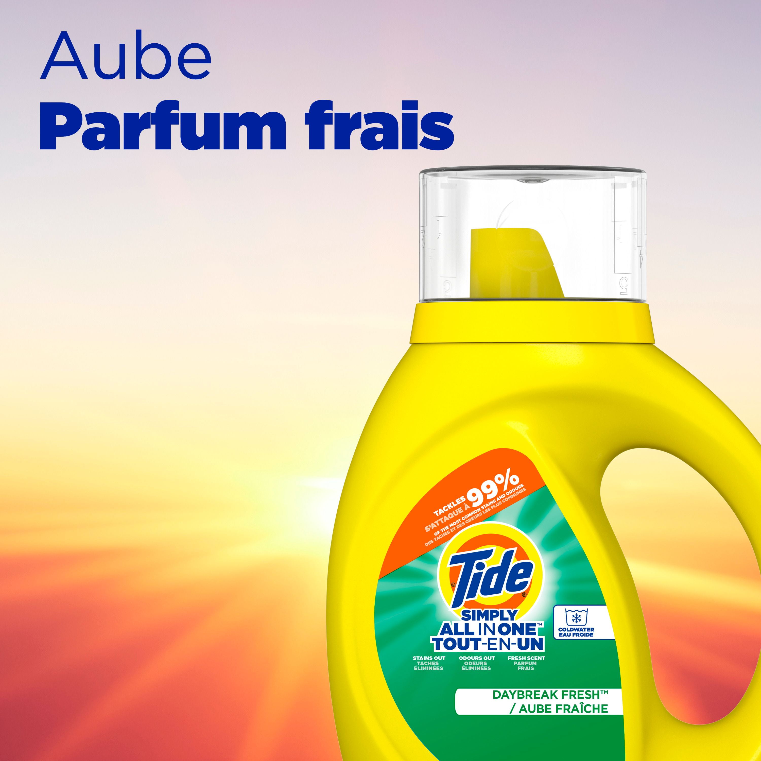 Détergent à lessive liquide Tide Simply Tout-en-un, parfum Aube fraîche, 24 brassées, 946 mL