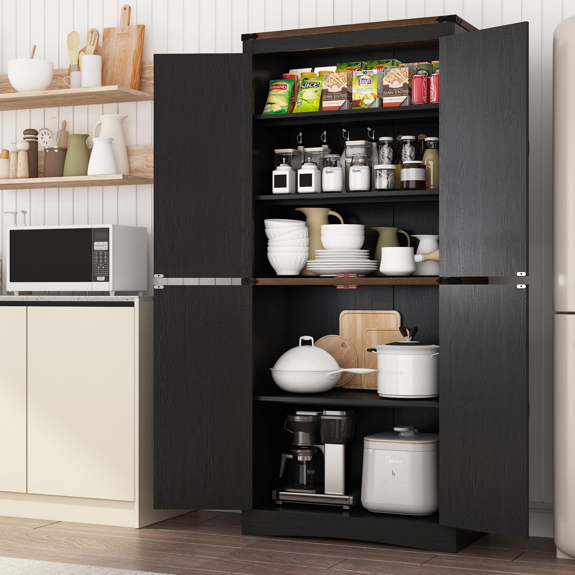 ChVans 71" Tall Farmhouse Kitchen Pantry Storage Cabinet, 5 Layers Freestanding Cupboard with Adjustable Shelves & Load-Bearing Steel Pipe & 4 Barn Doors for Kitchen, Dining Room, Living Room, Black