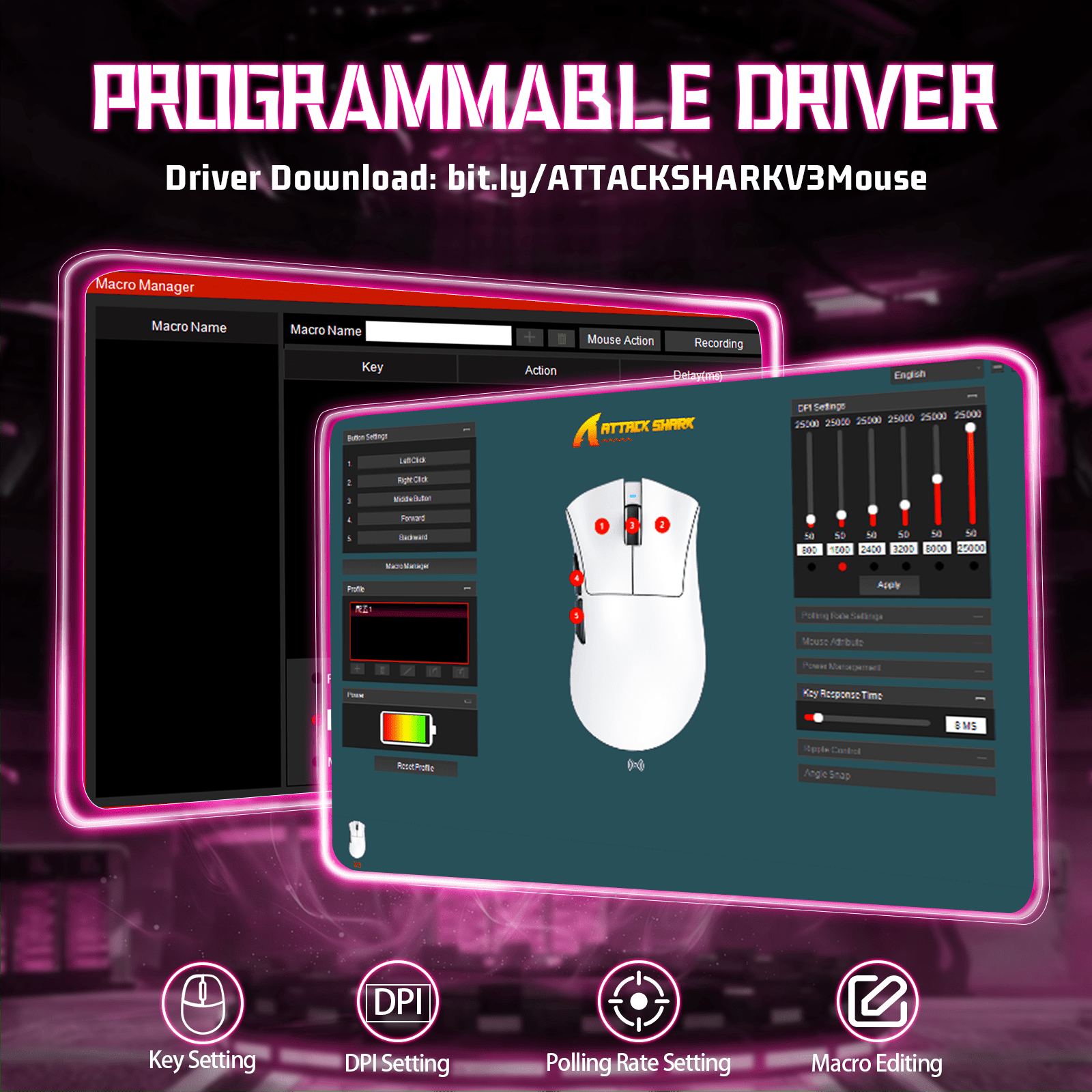 ATTACK SHARK V3 Wireless Gaming Mouse, Tri-Mode 2.4G/USB-C Wired/Bluetooth, PAW3311 Sensor, 25000 DPI, 62g Ultra-Lightweight Design, 500mAh Battery, Berry