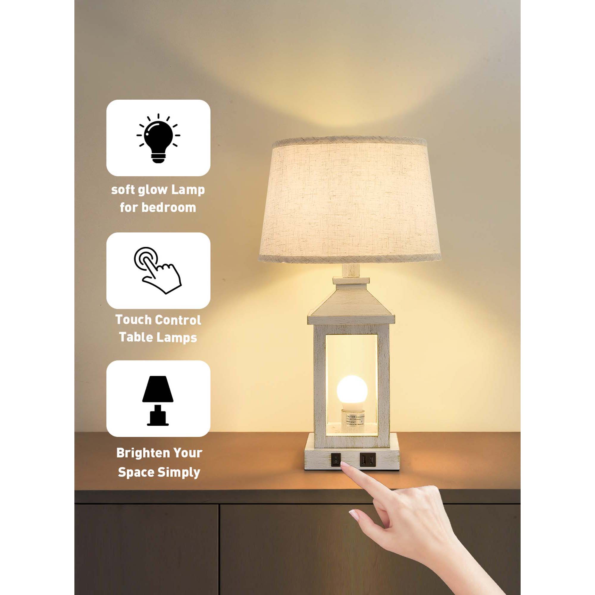 Miniyam 12" W * 20.5" H Set of 2 Vintage Table Lamps for Office, Nightstand Lamp with USB C+A & Outlet Bedside Lamps for End Table, Including Light Bulbs (White Gold)