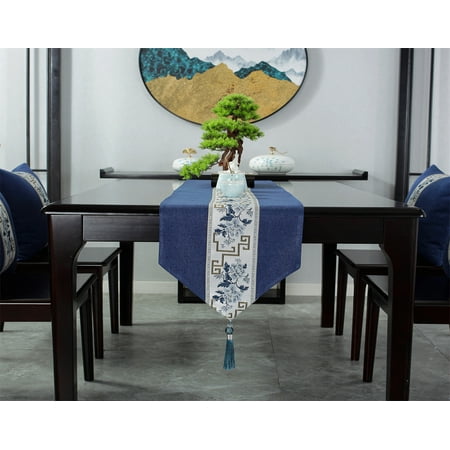 

Boho Table Runner with Tassels Table Runner Farmhouse Style for Holiday Birthday Party Dining Decorations 13.2 x 88 Inch Blue