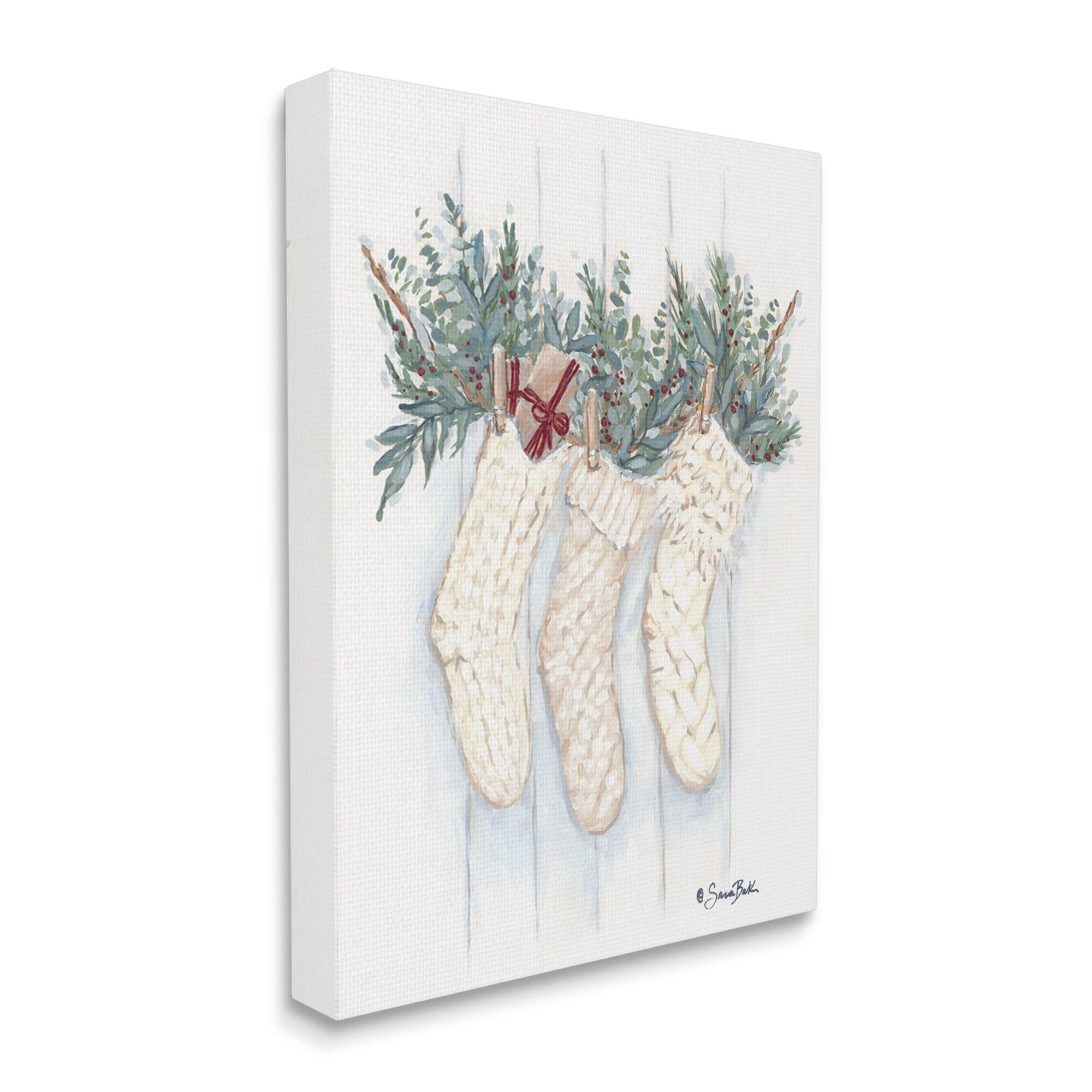 Hanging White Knit Stockings Festive Holly Detail Botanical & Floral Painting Gallery-Wrapped Canvas Print Wall Art