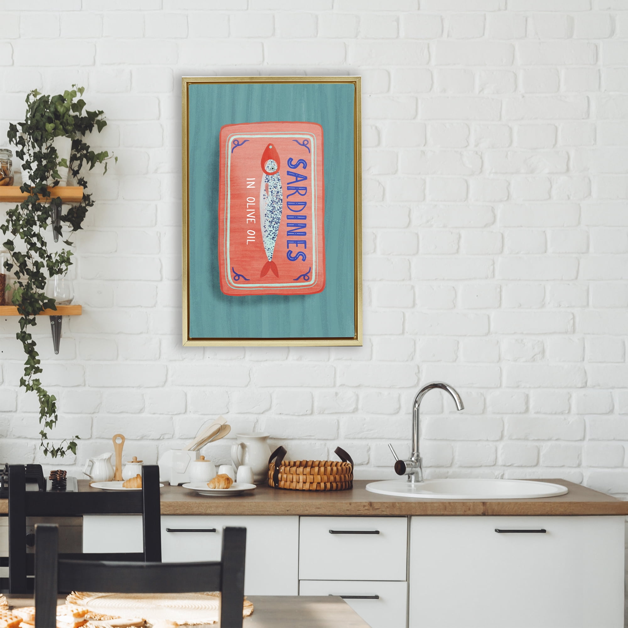 Stupell Industries Sardines Olive Oil Seafood Gold Framed Floater Canvas Wall Art, design by Metka Hiti