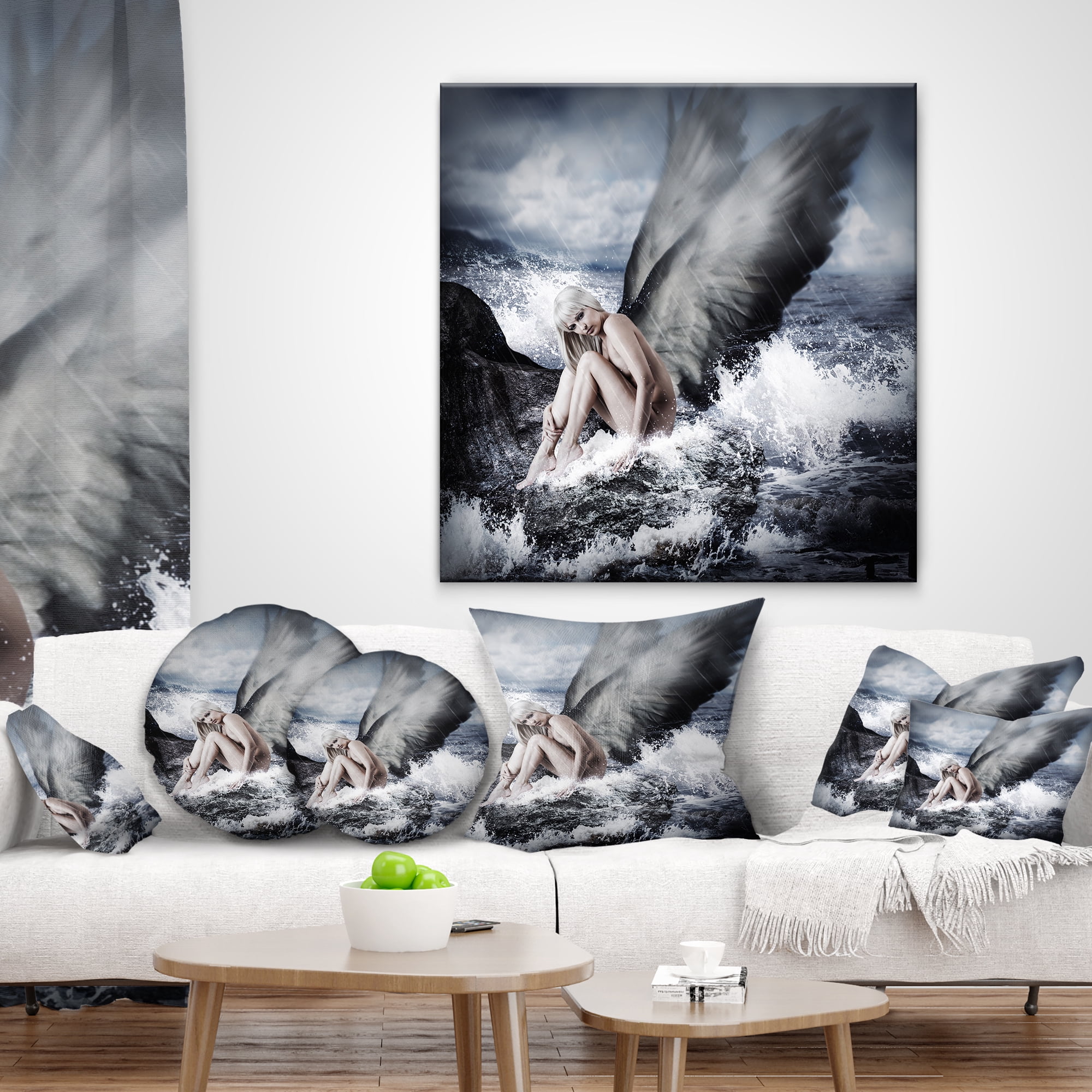 Designart Angel Resting By Crashing Waves - Abstract Throw Pillow - 12x20