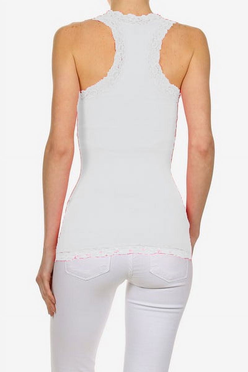 Seamless V-neck Camisole Racer Back Tank with Lace Trim, White