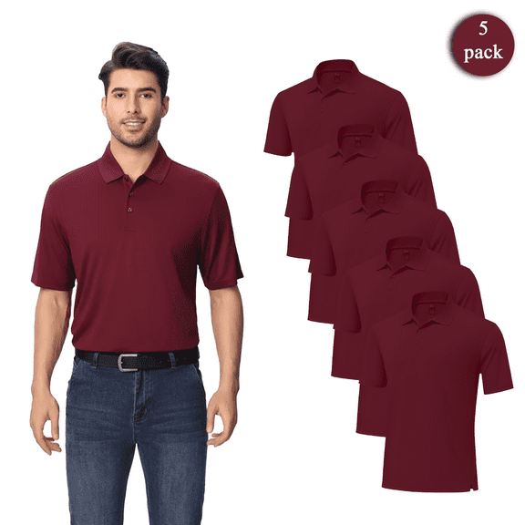 Zfeel Men's Full Polyester Dry Fit Polo Shirts, 5-Pack Maroon, UV Protection, Snag-Resistant, XS