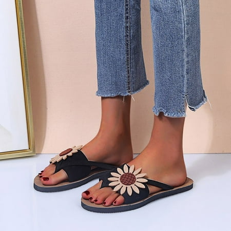 

Tangnade Slippers for Women on Sale Casual Fashion Flip Flops Suede Flower Flip Toe Flat Beach Shoes