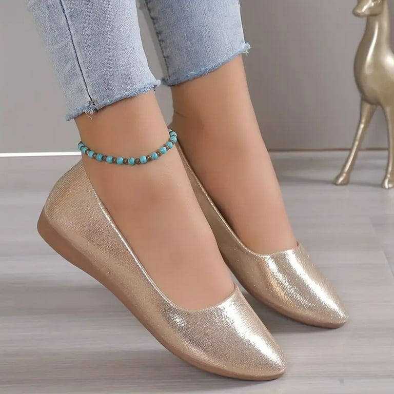Rokment Dress Shoes for Women Bride Wedding Metallic Silver Gold Pointed Toe Wedges Dressy Slip on Walking Low Heels, Women's, Size: 7