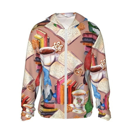 Sigee Gnomes Books Tea Cups Print UPF50+ Men s Sun Protection Hoodie Shirt SPF UV Shirt Long Sleeve Fishing Outdoor Lightweight S-3XL