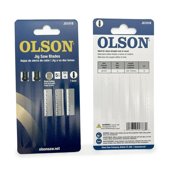 OLSON Jigsaw Blades, 5-Piece, 100mm 10TPI, T-Shank, Clean Straight Delicate Cuts in Wood (JG101B)