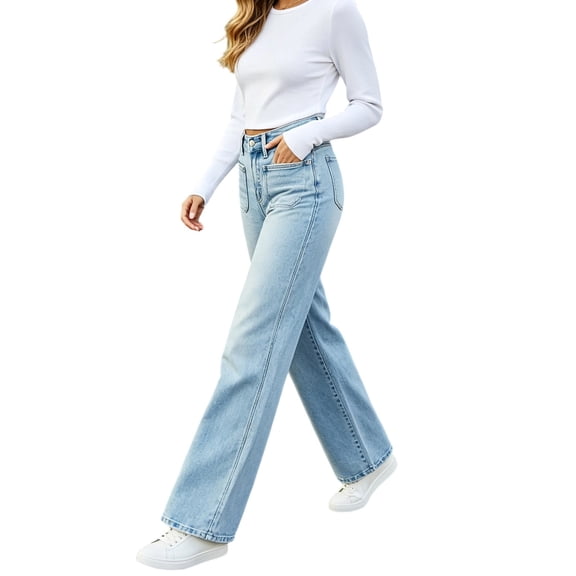 Tqcoqu Women's High Waist Wide Leg Straight Jeans,Double Front Patch Pocket Denim Pants,Single Button Zip Fly Casual Daily Trousers,Light Blue Women's XXS-L