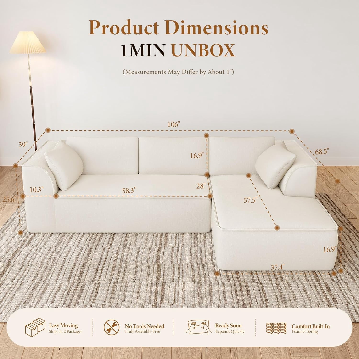 Neche 106" Cloud Sectional Couch with Chaise, Deep Seat Modular Sectional Sofa Chenille Memory Foam Sofa Boneless Couches for Living Room Bedroom, No Assembly Required (Beige, Right-Facing Chaise)