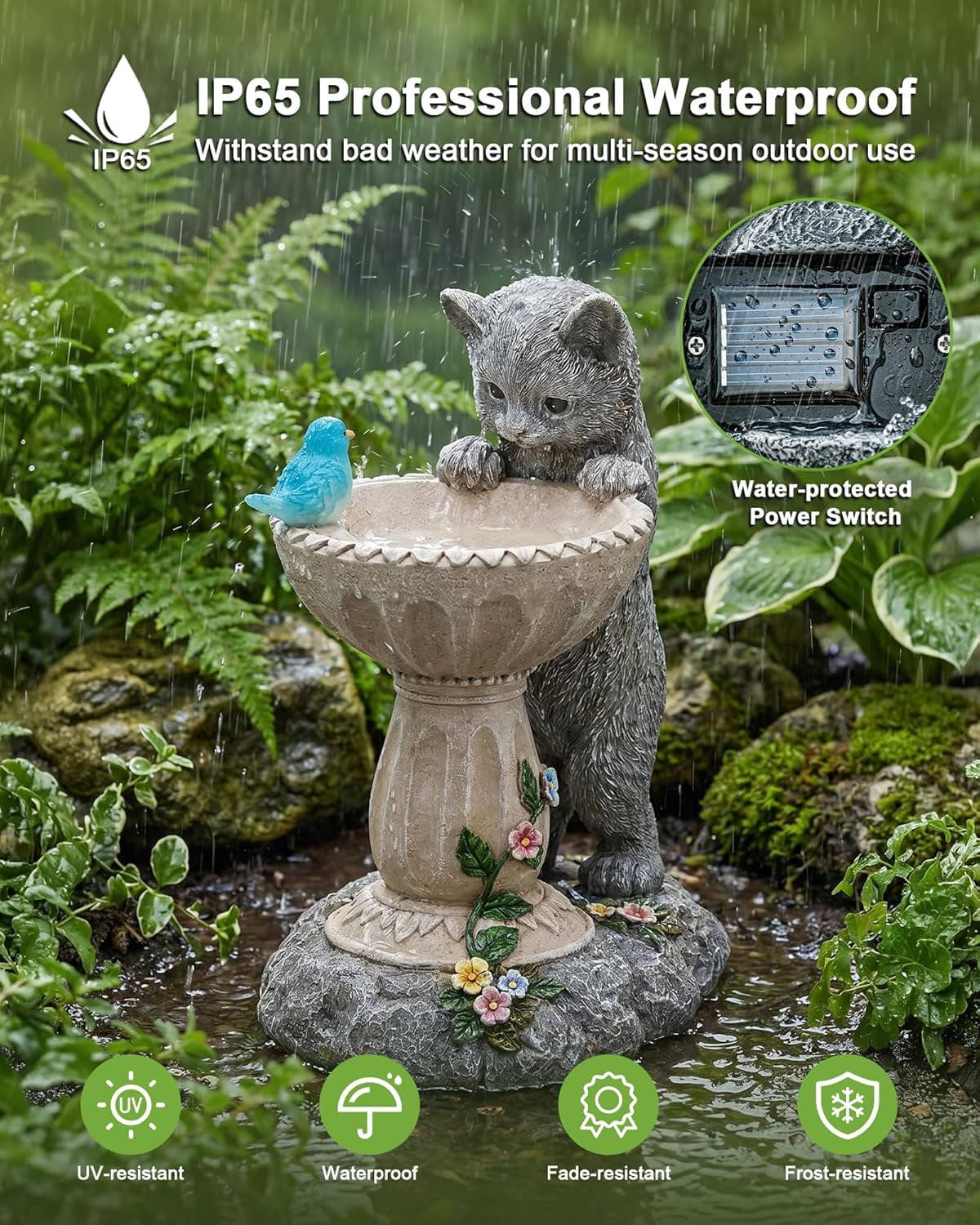 Outdoor Yard Patio Balcony Art, Solar Cat Statue for Garden Decor: IP44 Weatherproof Resin with Automatic Lighting, No Installation – Birthday Gifts for Bird Lovers, Mom, Grandma, Women