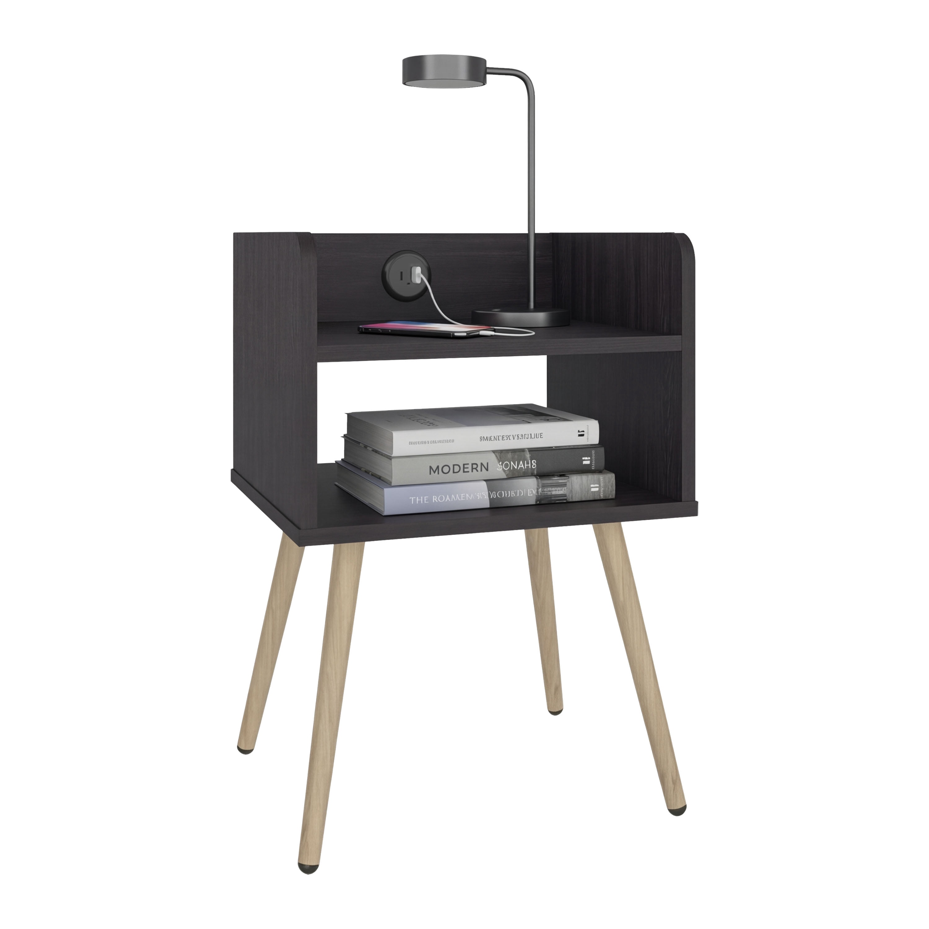 Nightstand with USB Port, 2 Shelves - Black Wengue