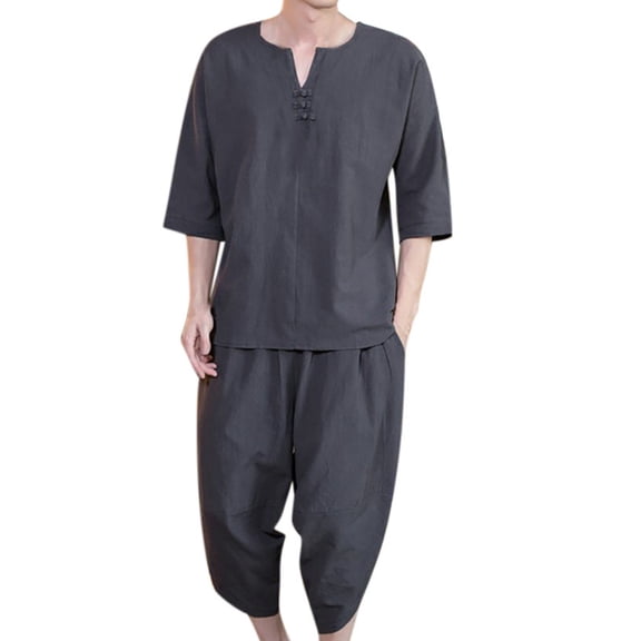 MuZeFu Men Sets 2 Piece Outfits Mens Shorts Mens Shirts Short Sleeve Men's Summer Fashion Casual Comfortable Cotton-Hemp Short Sleeve Shorts Suit