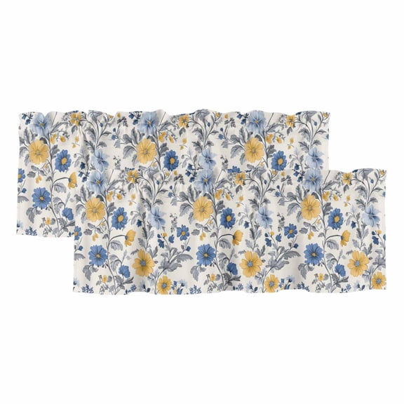 2 Pack Yellow Blue Flower Valance for Window Abstract Floral Art Leaf Vintage Kitchen Valance Rod Pocket Short Curtain Topper Decorative Window Treatment for Living Room Bedroom 42"x18"