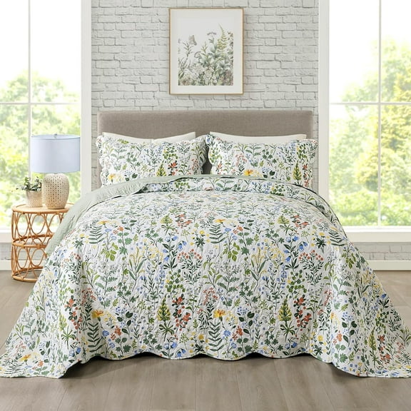 3-Piece Quilt Set Quilted Bedspread Lightweight Coverlet Set Garden Style Floral Printed Oversized Quilted Bedding Set with Shams for All Season, Exquisite, Queen Size