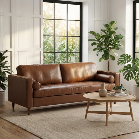 Luxurious PU Leather Sofa, Mid-Century 3-Seater Leather Couch with Bolster Pillows for Cozy Living Spaces