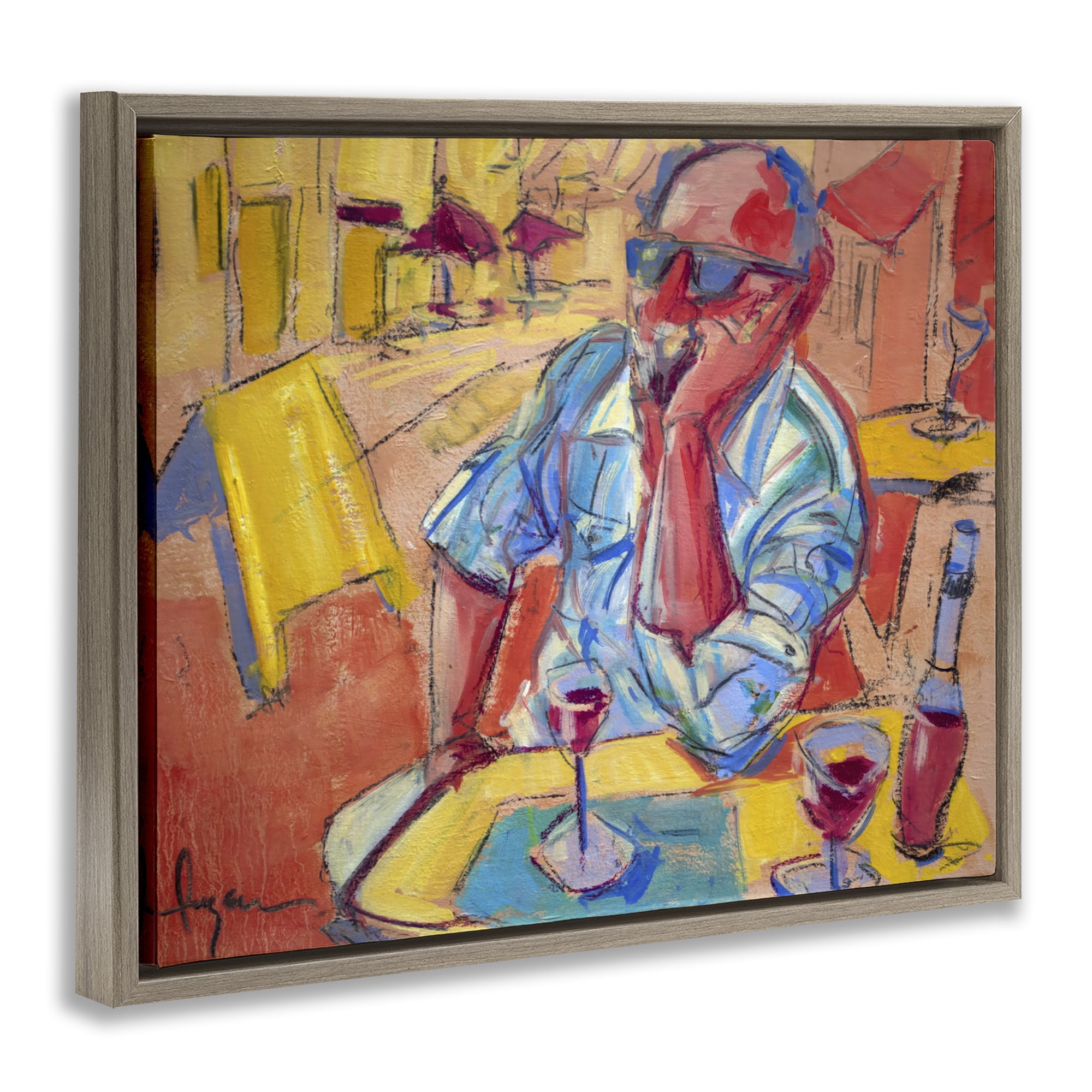 Stupell Industries Man with Wine Portrait People Painting Brown Floater Framed Canvas Art Print Wall Art, 31 x 25