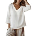 thumbnail image 2 of Endives Women's Linen Blouse 3/4 Sleeve Tops V Neck Loose Fit Summer Top Beach Vacation Outfit White, 2 of 7
