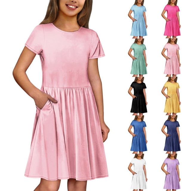 Girls Summer Dress Tween Dresses Short Sleeve Casual Dress with Pockets Soft and Breathable Perfect for Everyday Wear ,Sie:110