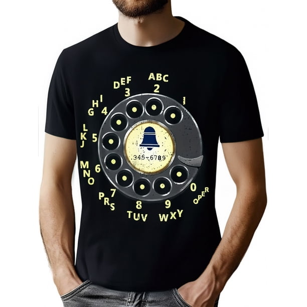 1 piece, 100% cotton, retro dial phone print T-shirt, seasonal casual and trendy men's T-shirt, round neck high street pure cotton short-sleeved T-shirt, fashion boutique T-shirt, Christm