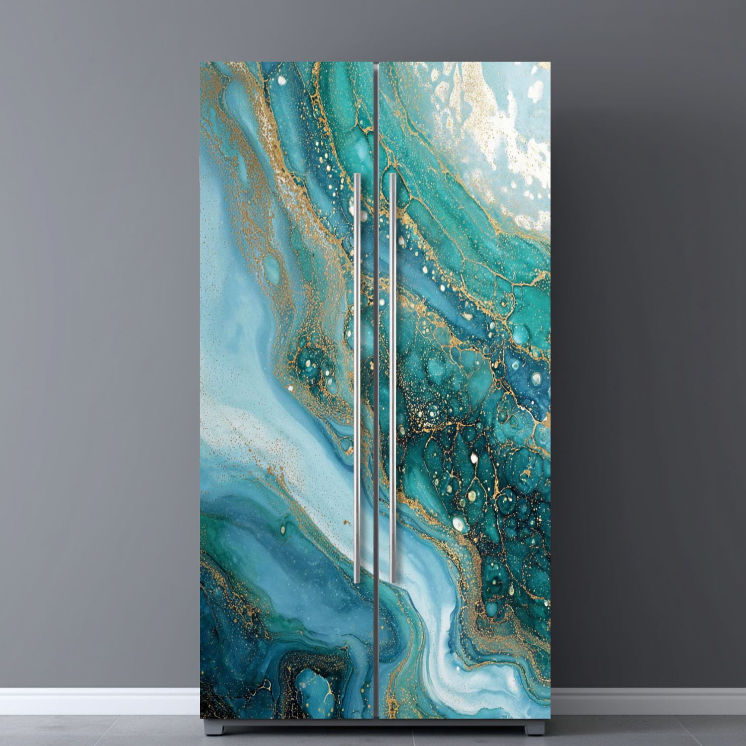 Self Adhesive Vinyl Refrigerator Wrap Set Navy blue White Streaks Ocean Waves spilled Water Ink Door Mural Removable Fridge Sticker Peel and Stick&nbsp;Full Door Cover Decal Kitchen Bar Decor
